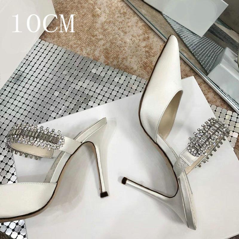 Pointy Pinheel Rhine-Diamond Chain Satin Top High Heels Mullers Pinheel Green Wedding Shoes Flat Bridesmaid Shoes