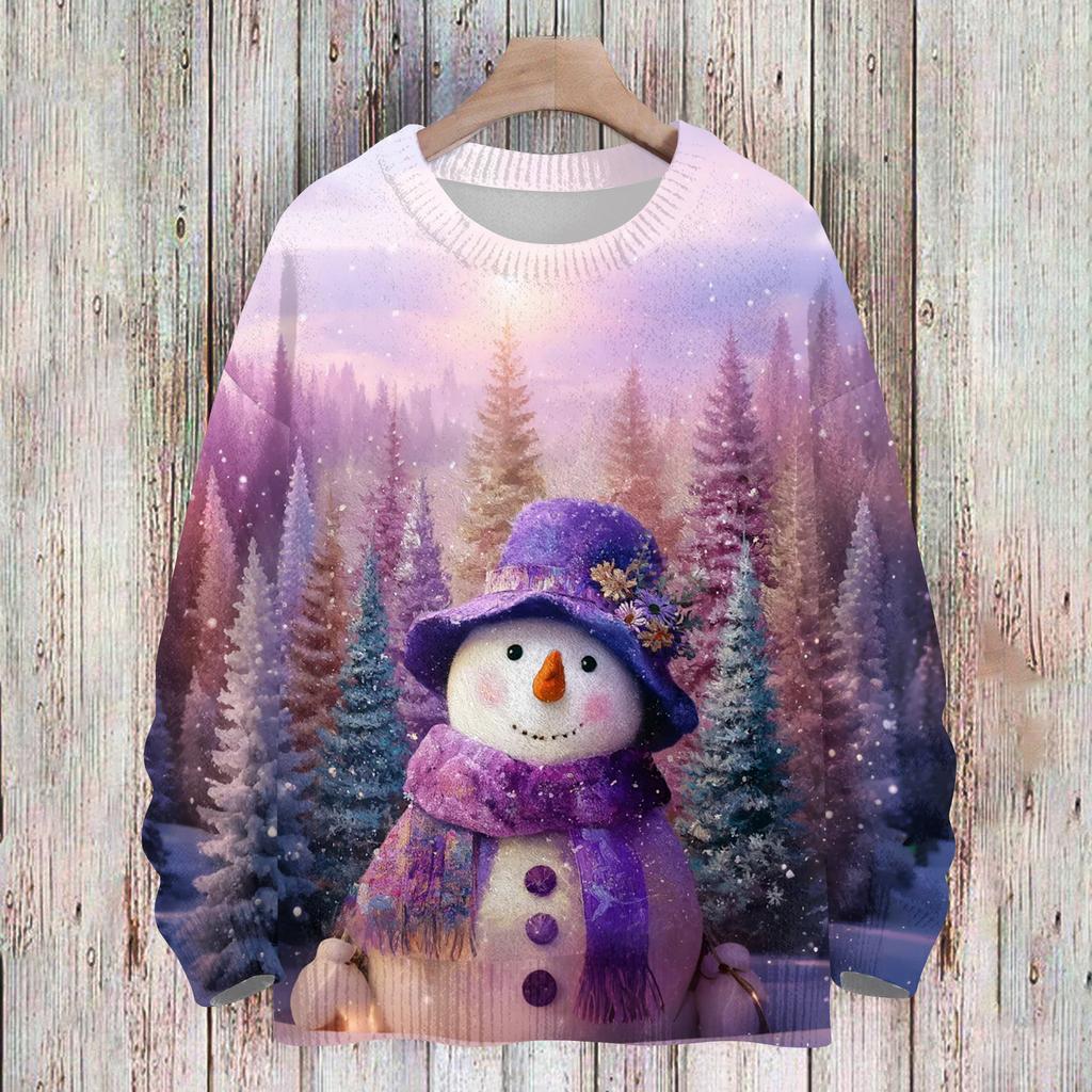 Ladies' Fashionable And Casual Christmas Cute Printed Round Neck Long Sleeved Knitted Yarn