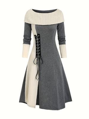 Color Block Lace Up Dress, Casual Long Sleeve Boat Neck Knit Dress For Fall & Winter, Women's Clothing