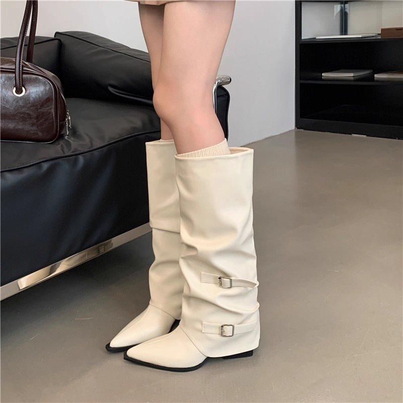 Stiefel High Heel Pile Ritterstiefel Schnallenstiefel Damen Plissiert Wind Gebraten Street Spice Girl Punk Dicke Ferse Spitze 2025