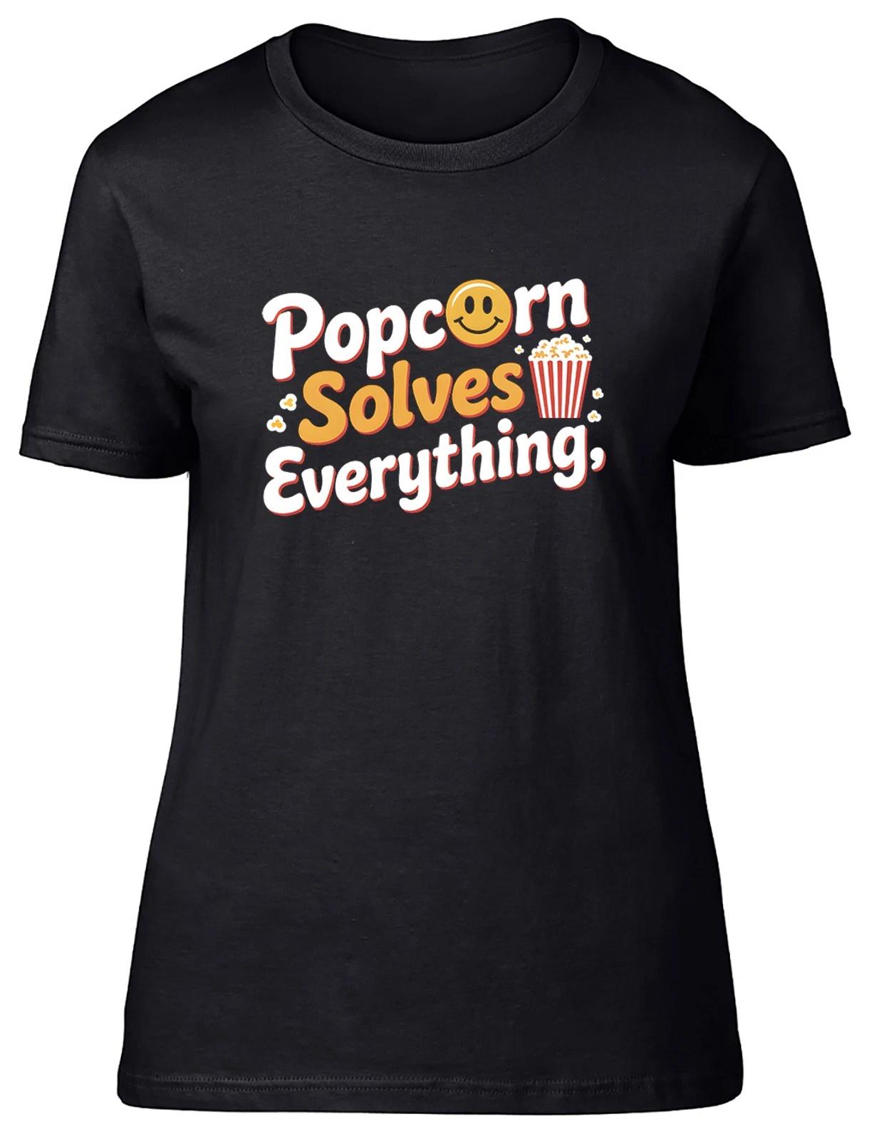 Popcorn Solves Everything Movie Film Womens T-Shirt Ladies Gift Tee XXXL