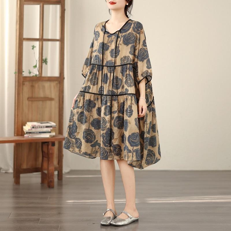 Short Sleeve Plus Size Cotton Linen Vintage Floral New In Dresses for Women Casual Loose Midi Summer Dress