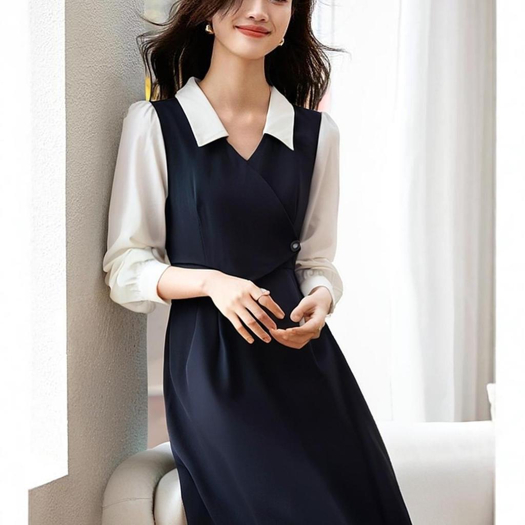 Autumn Fashionable Design Dress for Women's Fake Two-piece Commuting Dress