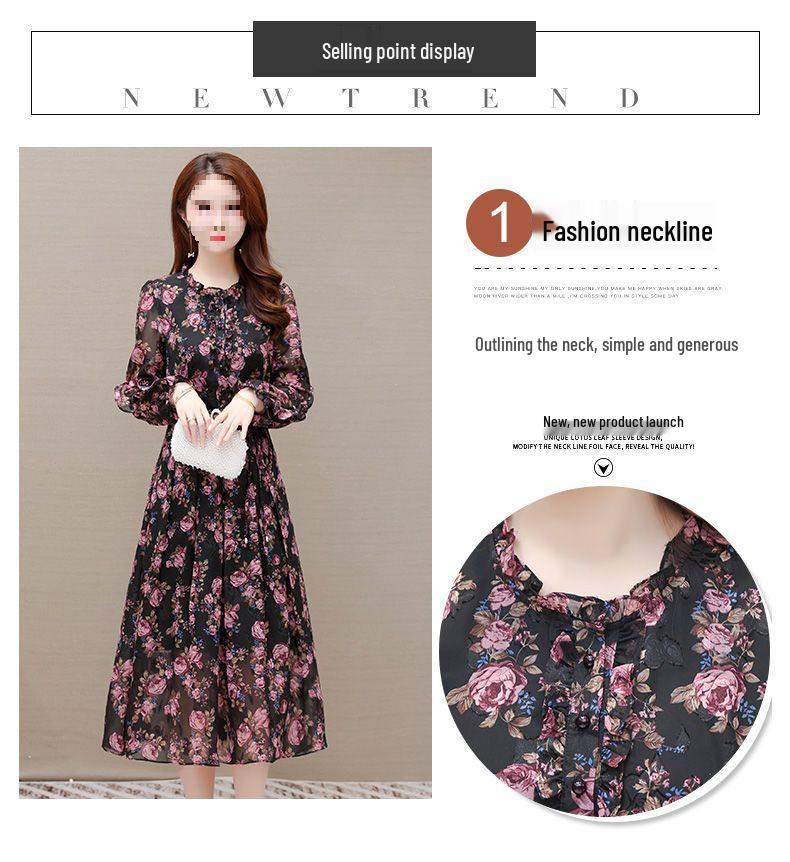 Women's Mid-Length Floral Chiffon Spring Dress - Waist-Slimming, Over-the-Knee, Long-Sleeved Fashion