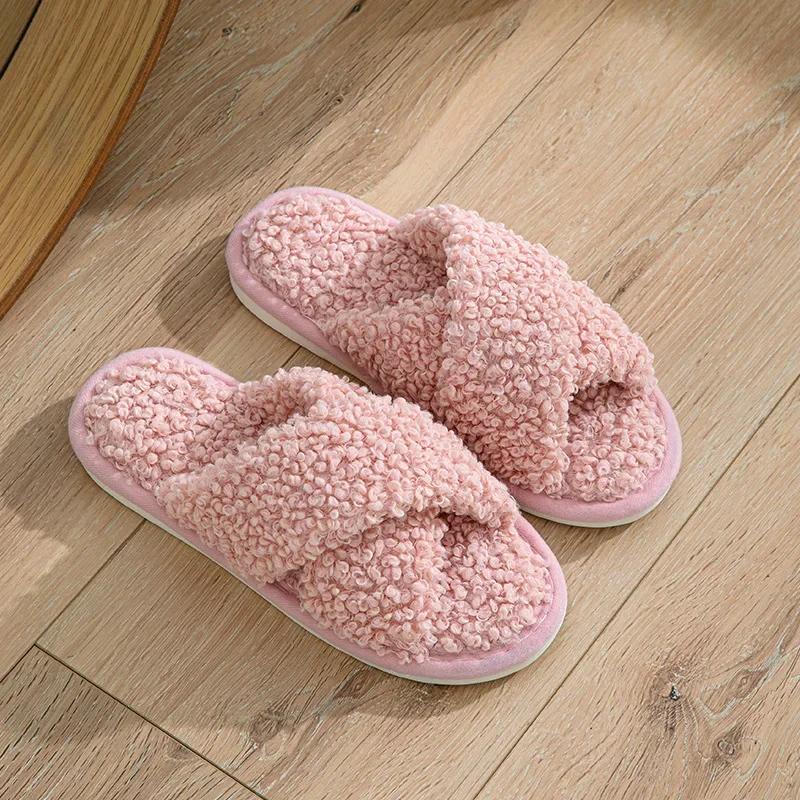 Fashion Fashion Cross Strap Fuzzy Slippers Women Indoor House Non Slip Warm Plush Woman Slippers Winter Comfort Soft Sole Cotton Slides