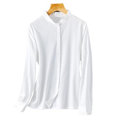 Λευκό Πουκάμισο με Μαύρο Μανιτάρι Κολάρο Εσωτερικά Γυναικείο Μακρυμάνικο Νέο Άνοιξη Καθαρό Βαμβακερό Μπλουζάκι Βασικό Μπλουζάκι