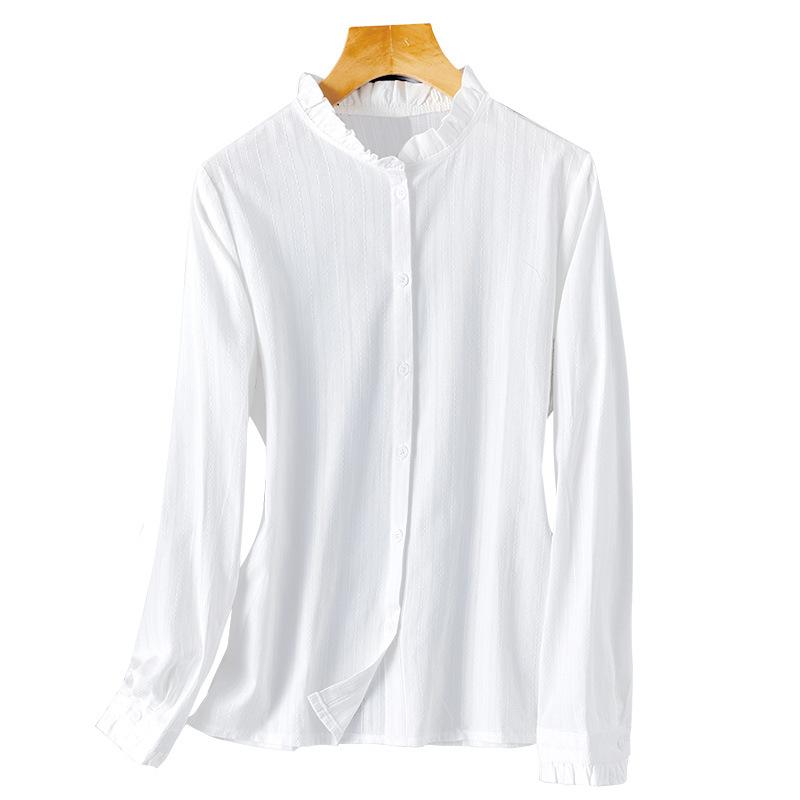 

White Shirt with Black Fungus Collar Inside Women s Long-sleeved Spring New Pure Cotton Top Shirt Bottom Shirt S