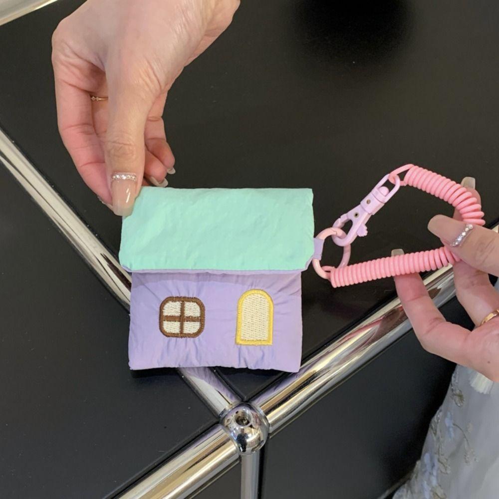 Storage Bag Cotton Filling Earphone Bag Cartoon House Coin Pouch Keychain  Small Item Storage