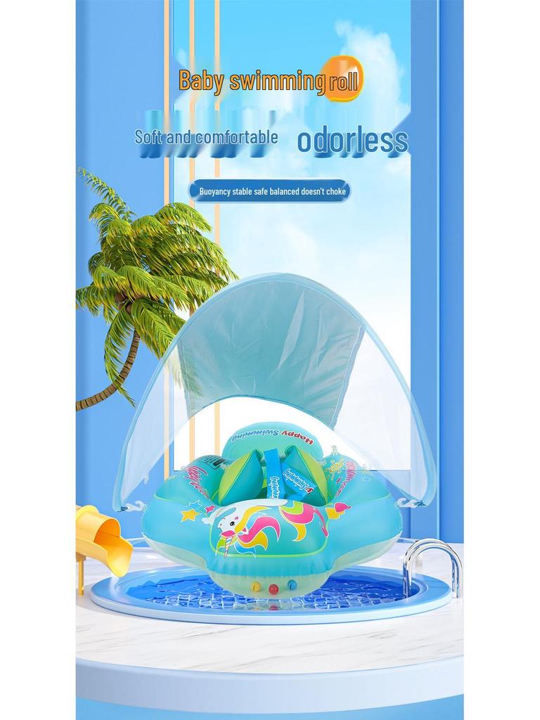 Children's Cartoon Inflatable Swimming Ring with Anti-Rollover Airbag and Sunshade Canopy