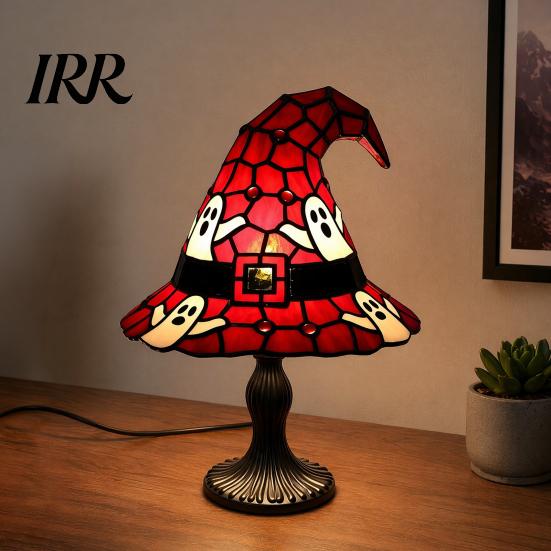 Soft Warm Bedside Lamp Stained Glass Witch Hat Lamp, Handcrafted Retro Resin USB Powered Gothic Fantasy Colored Wizard Hats Night Light,