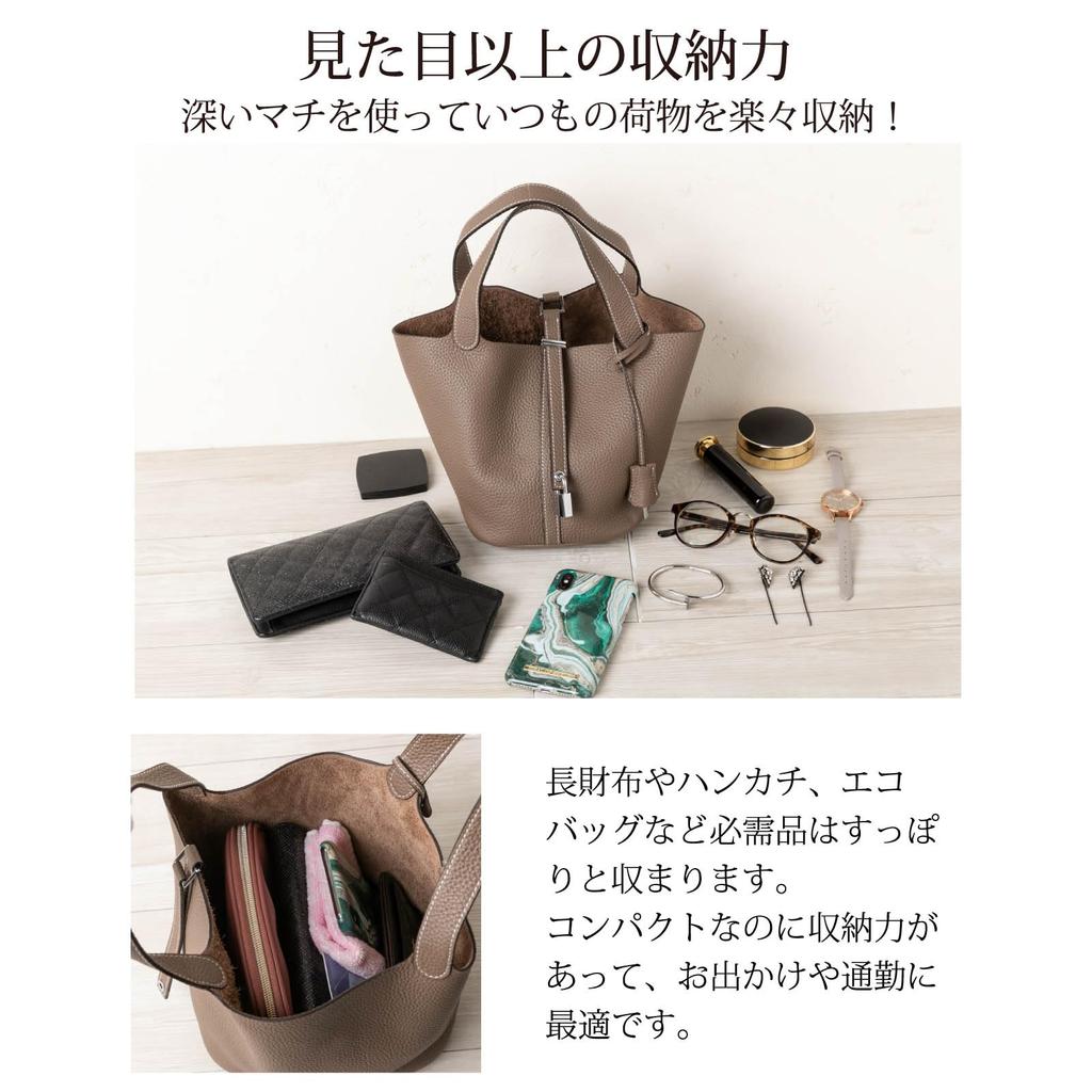 Bolso de mano RENNES de piel auténtica con herrajes dorados, talla S, cadena de crochet, imitación bolso adulto [La Closet] ver. RENNES-S2 para mujer en forma de cubo (grisáceo)