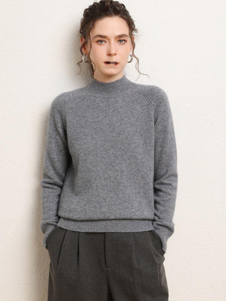 Women's Versatile Cashmere Sweater: Plain Color, Autumn/Winter, Half-High Neck, Raglan Sleeves, Double Ply, Thickened Base Layer.
