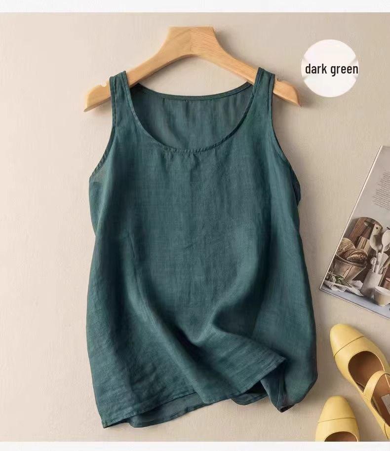 Dámské retro vyšívané bavlněno-lněné tílko: Volný, zeštíhlující letní top bez rukávů