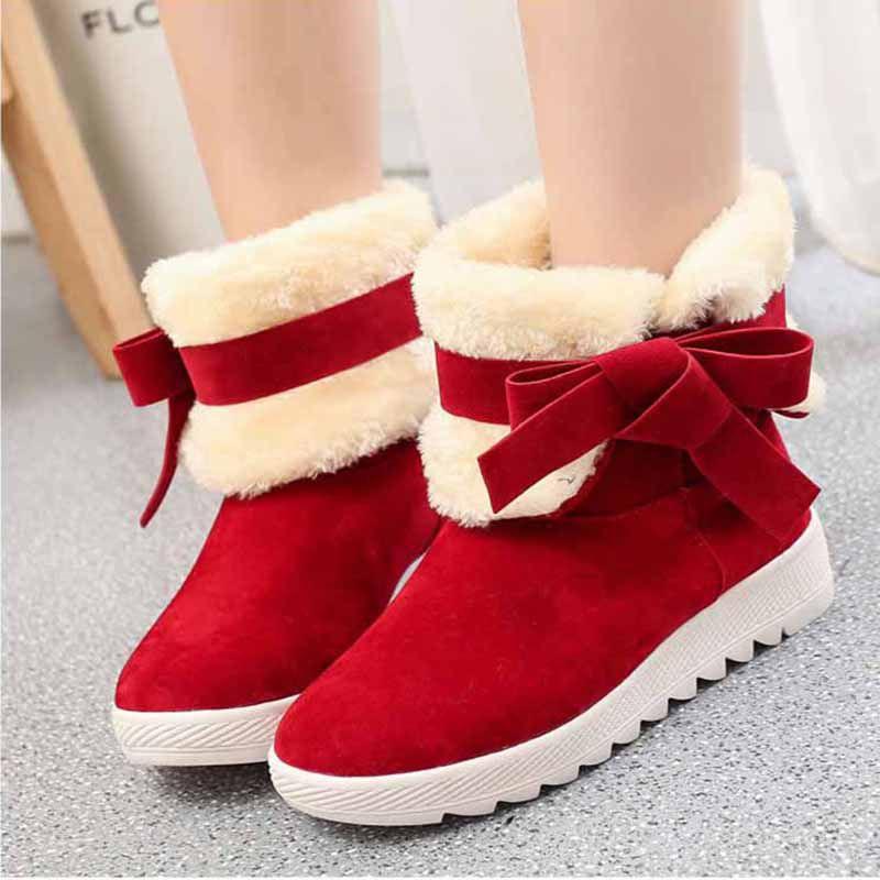Women's Winter Boots Warm Fur Lined Casual Ankle Shoes With Sweet Bow Flats