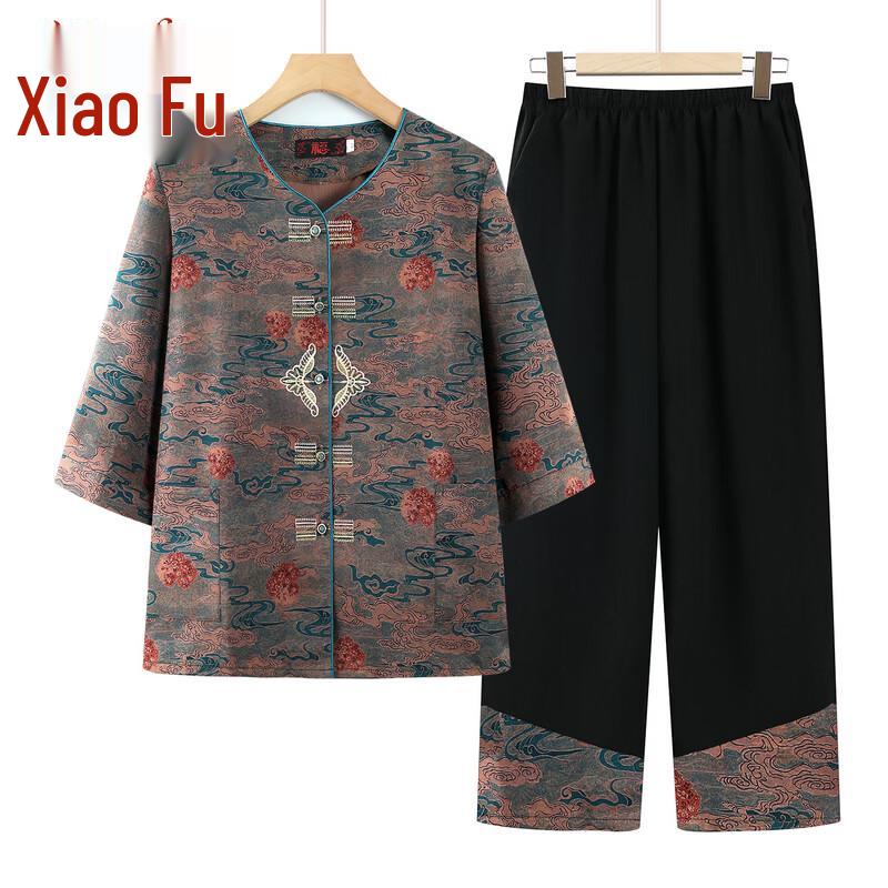 

Женский летний цветочный двухпредметный костюм в стиле Тан для пожилых 3XL