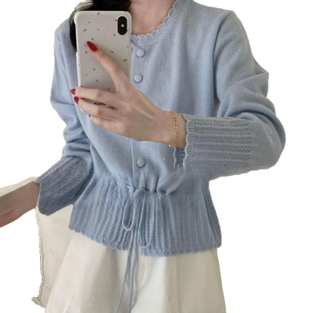 Korean-Style Lace Hem Knit Cardigan with Waist-Cinching Drawstring - Trendy Women's Petite Design