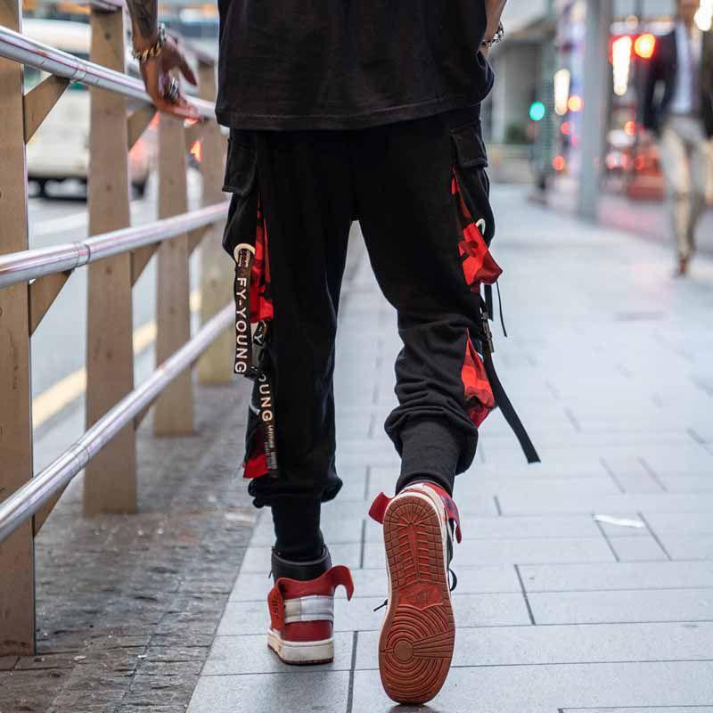 Jogger Cargo Pants Men Relax Hip-hop Hit Color Pocket Men's Pants Sweatpants Street Ribbon Techwear Pants