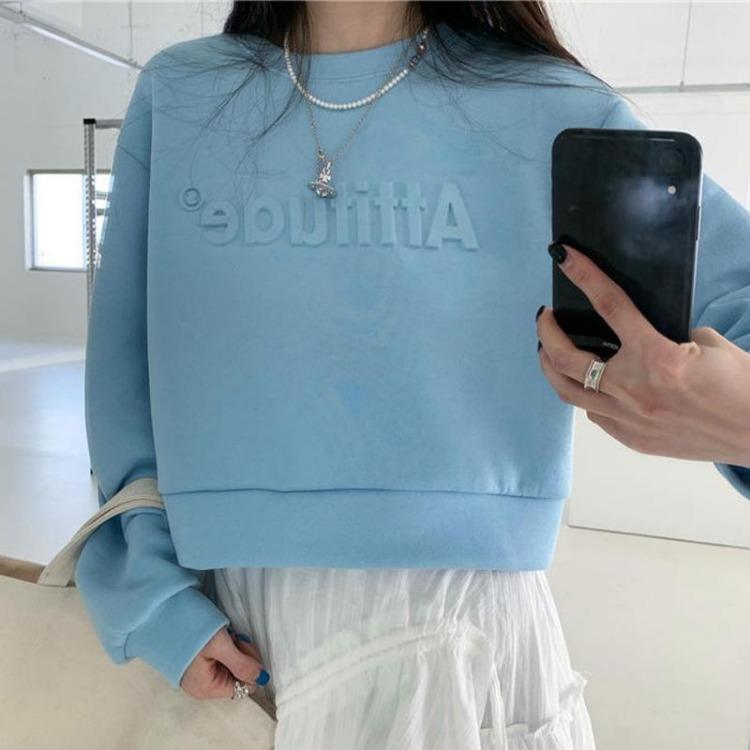 High Waist Women Sweatshirt Short Long Sleeve Solid Color Top