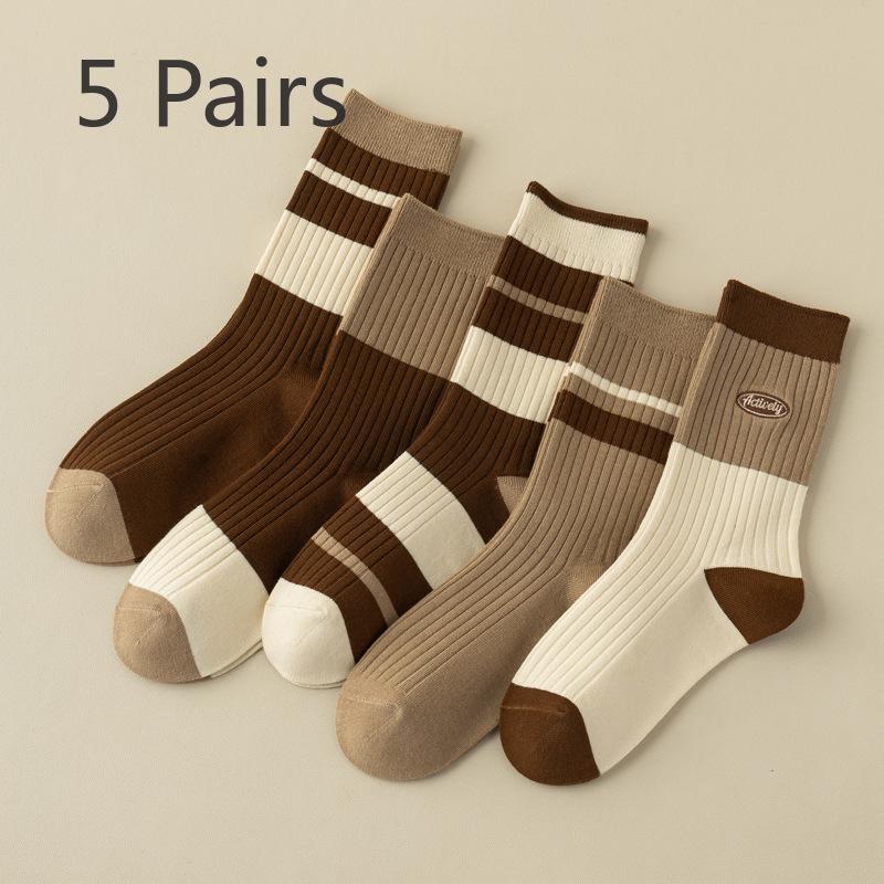 5 Pairs of Female Autumn and Winter Thick Warm Stripe Anti Odor Cotton Socks