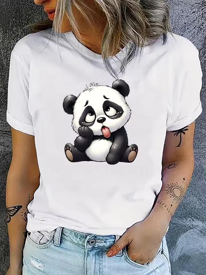 Women's Casual Short Sleeve Crew Neck T-Shirt Cute Cartoon Panda Pattern Printed Fabric Summer Tops Seasonal Fashion Comfortable
