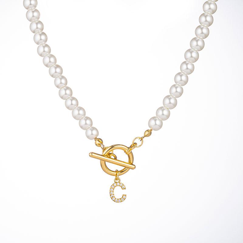 Zircon Crystal Initial A-Z Letter Pendant Necklace for Women Toggle Clasp Imitation Pearls Necklaces Wedding Jewelry Gift