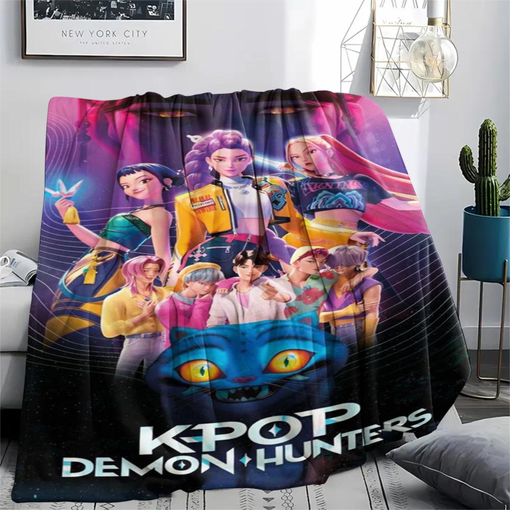 1Pc Kpop Demon Hunter Print Flannel Blanket, High quality Comfortable for All Seasons, Home Decor, Warmth and Comfort, Perfect for Gifts