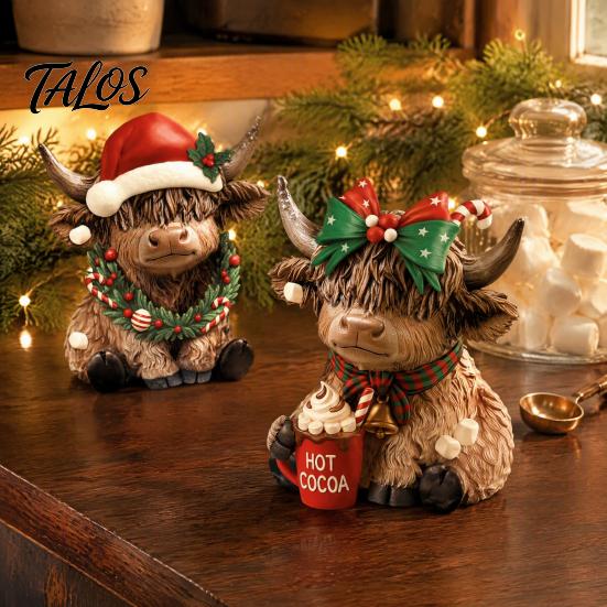 Indoor Holiday Scene Decorations 2/3Pcs Christmas Highland Cow Wooden Tabletop Sign, 2D Flat Yak Ornament Figurine with Garland Bow Hat, Festive