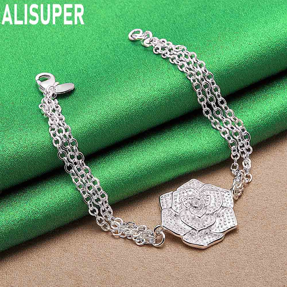 925 Sterling Silver Exquisite Flower Side Chain Charming Bracelet Gift Jewelry