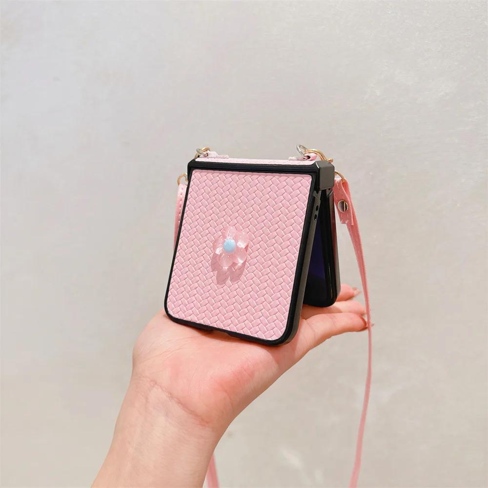 Weave Crossbody Leather Flower Stickers Phone Case for Samsung Galaxy Z Flip 6 5 4 3 Flip6 Flip5 Flip4 Flip3 Shockproof Cover