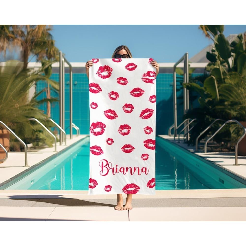 Ka Chen Muda Pink Lips Beach Towel Multiple Sizes Digital Print Lover Kiss Design Polyester Pool Party Fun