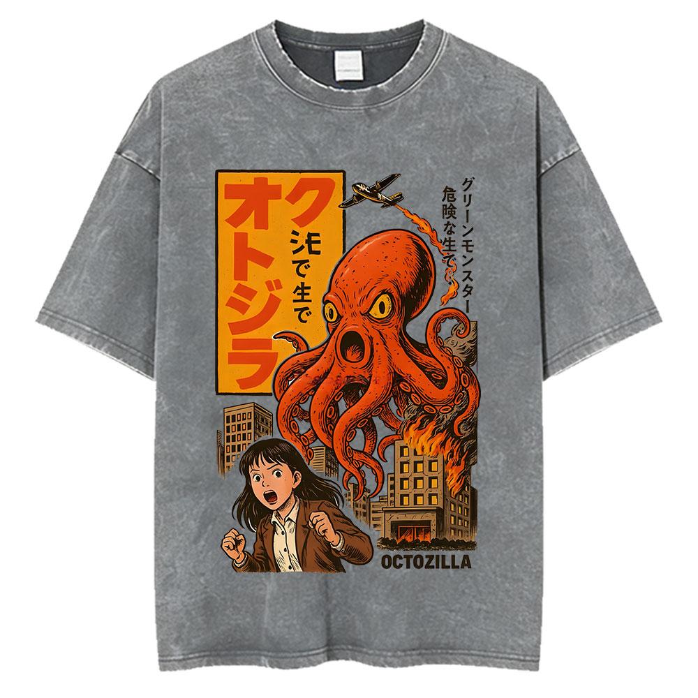 Vintage Washed Osaka Dotonbori Drunken Octopus Takoyaki Funny T Shirts Men Women Retro Japanese Style Oversized Cotton TShirts