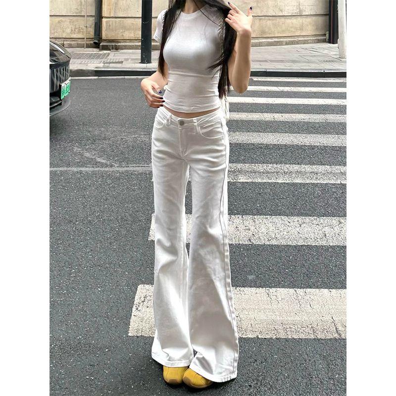 

Small White Sexy Low Waist Slightly Pull Denim Female Stylish Wide Leg Slimming without Leg Sticking Bell-Bottom Pants Summer White pants 156-165 XL