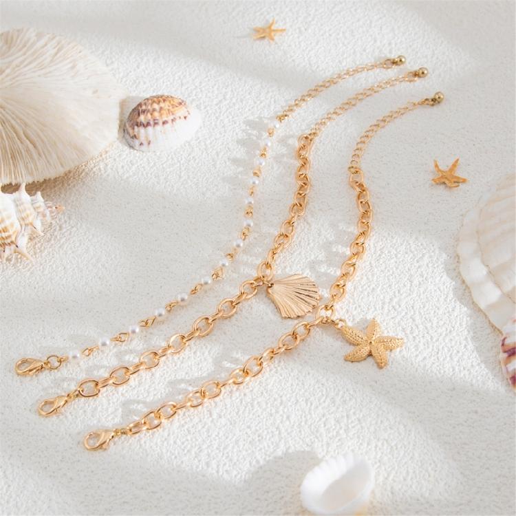 Adjustable Clavicle Chain Starfish Seashells Pearls Necklace Set Bohemian Beach Jewelry for Women Stylish Outfits