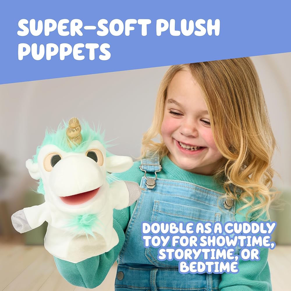 Bluey Unicorse and Bob Bilby Plush Puppets 8-9 Inch Soft Animal Puppets for Small Hands Ages 3 and Up