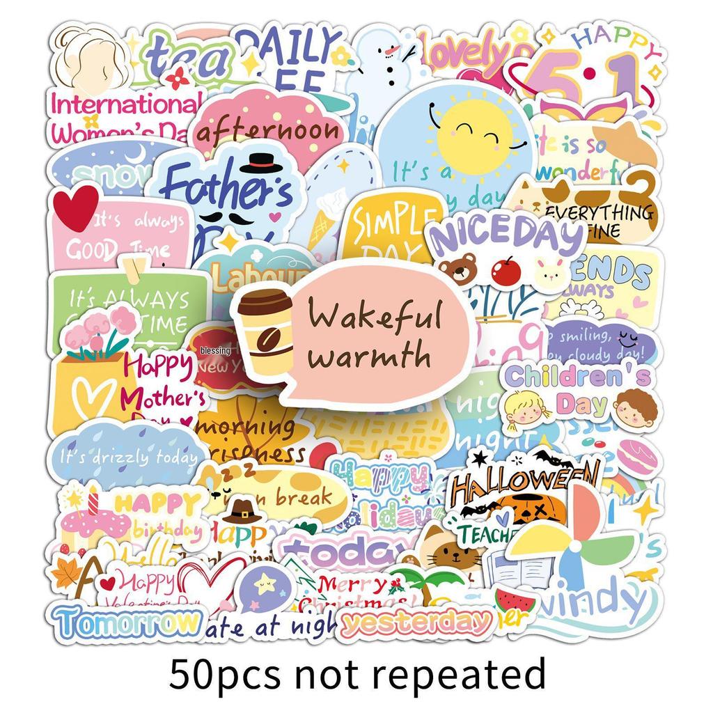 50 Original English Festival Cartoon Stickers for Phone Cases, Water Bottles, Books, and More