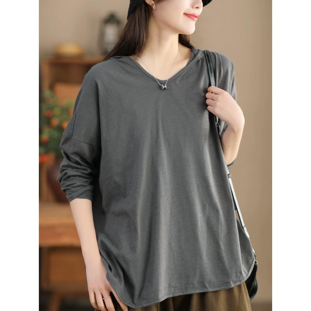 Dimanaf 2024 Plus Size Outono Sólido Hoodie T-shirt Mulheres Assimétrica Sólido Manga Comprida Solto Tops Tees