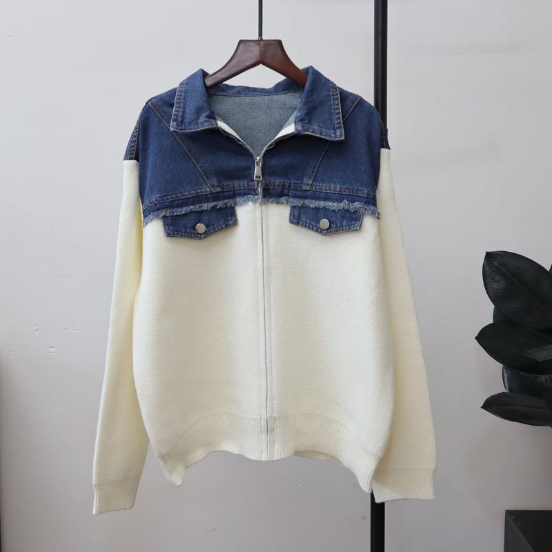 Zipper Splicing Denim Knitted Cardigan Autumn and Winter New Loose Casual Design Sweater Jacket Women