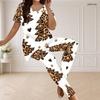 Women Plus Size V Neck Short Sleeve Leopard Christmas Tree Print White Pajama Set