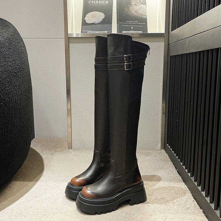 Knee Over Long Boots For Women  New Retro Round Toe Thick Soled High Boots With Thick Heels And Leather Buckle Elastic Boots