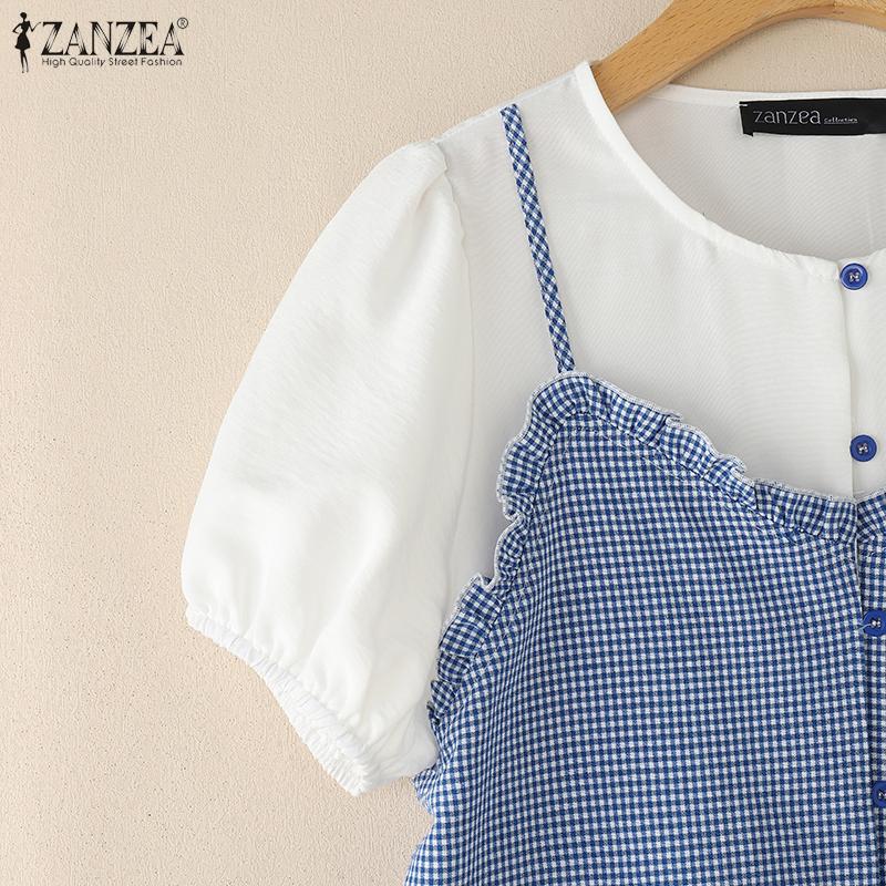 ZANZEA Women Summer Round Neck Plaid Print Patchwork Short Sleeve Blouse