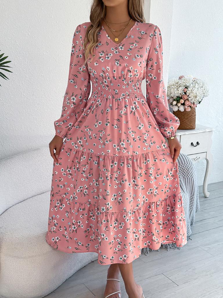 Women Elegant Floral V Neck Long Sleeve High Waist Ruffled A Line Long Dress