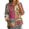 Women Button Front Patchwork Blouse Three Quarter Sleeve Loose Fit Shirt with Collar and Mixed Print Design Casual Top