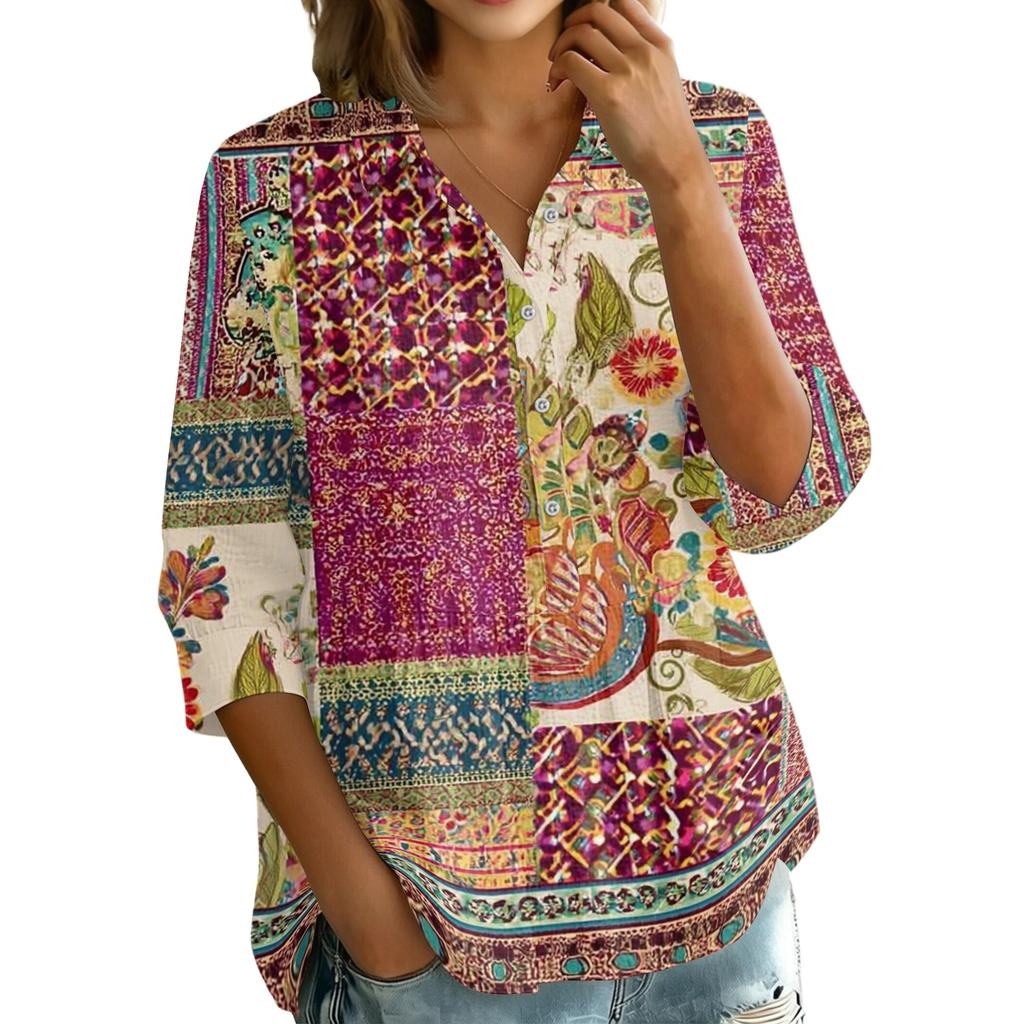 Women Button Front Patchwork Blouse Three Quarter Sleeve Loose Fit Shirt with Collar and Mixed Print Design Casual Top