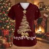 Women's Christmas Print V-Neck Short Sleeve Work Top with Pockets and Side Slits