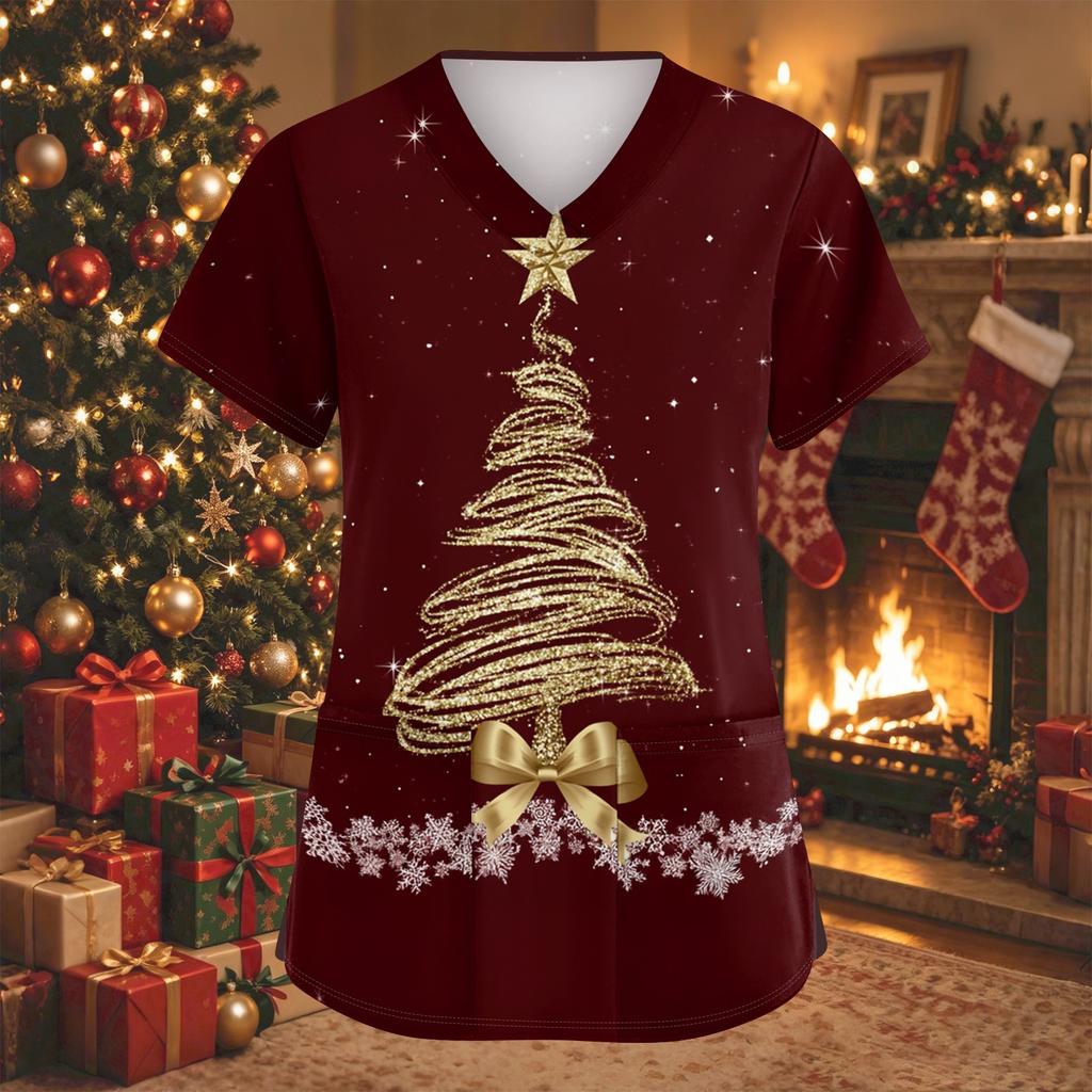 Women's Christmas Print V-Neck Short Sleeve Work Top with Pockets and Side Slits