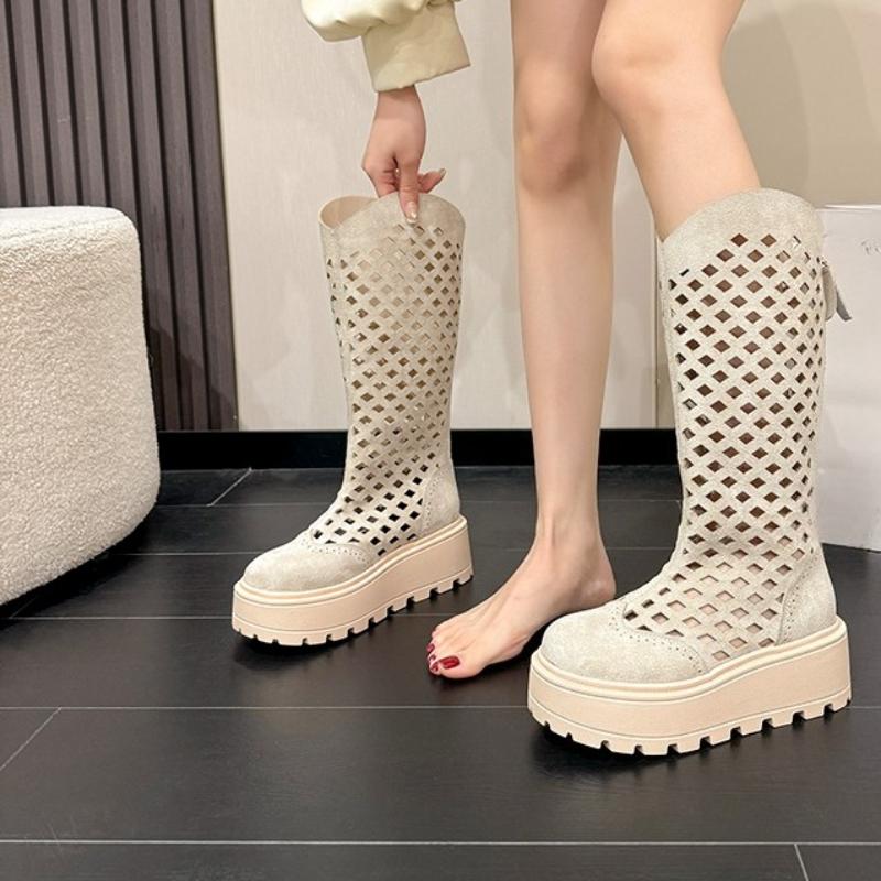 Fashion Women's High Boots Round Head Flannelette Mesh Back Zipper Waterproof Platform Anti-slip and Wear-resistant Mid-heels