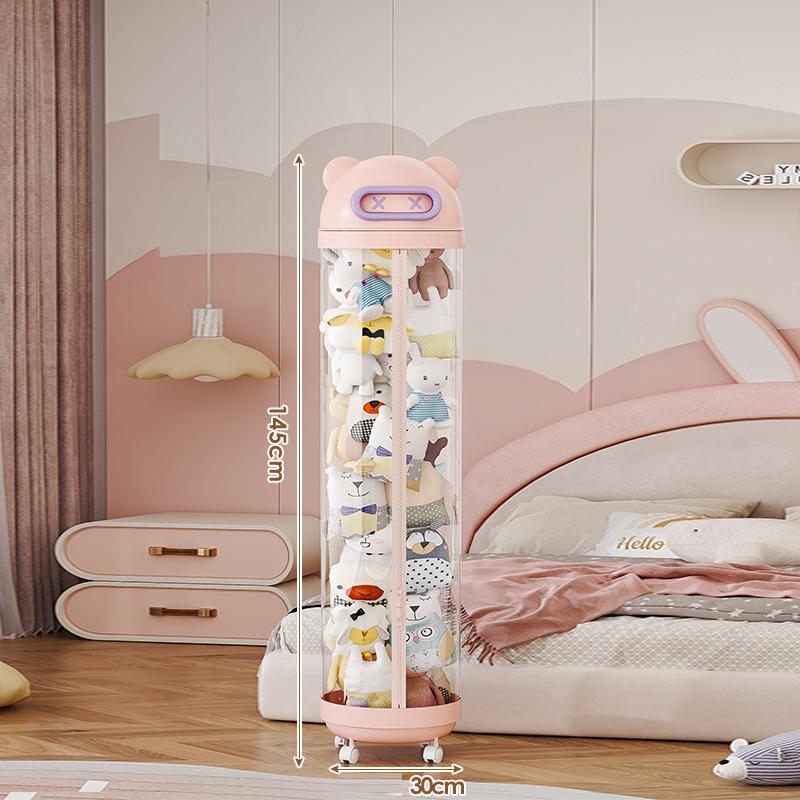 Large Capacity Plush Doll Storage Bucket With Wheels Transparent Storage Bucket Zipper Kids DIY Plushies Toy Display Bucket