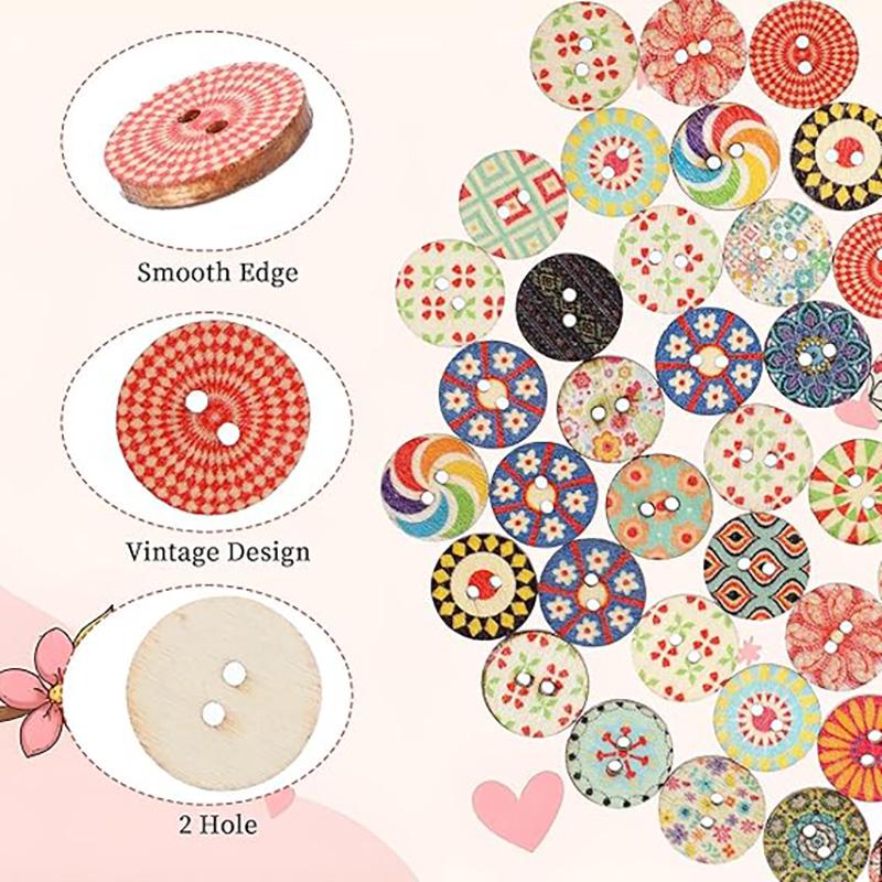 100Pcs 2-hole Mixed Flower Wooden Decorative Button 15/20/25mm Round Shape Wooden Buttons Set Suitable for Sewing Clip Art Craft