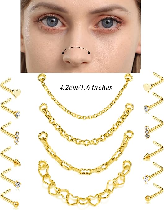 Nose Chain Piercing Across Double Nose Stud Chain CZ Heart Ball L Shaped Nose Chain Nostril Piercing Jewelry 20G Gold Tone