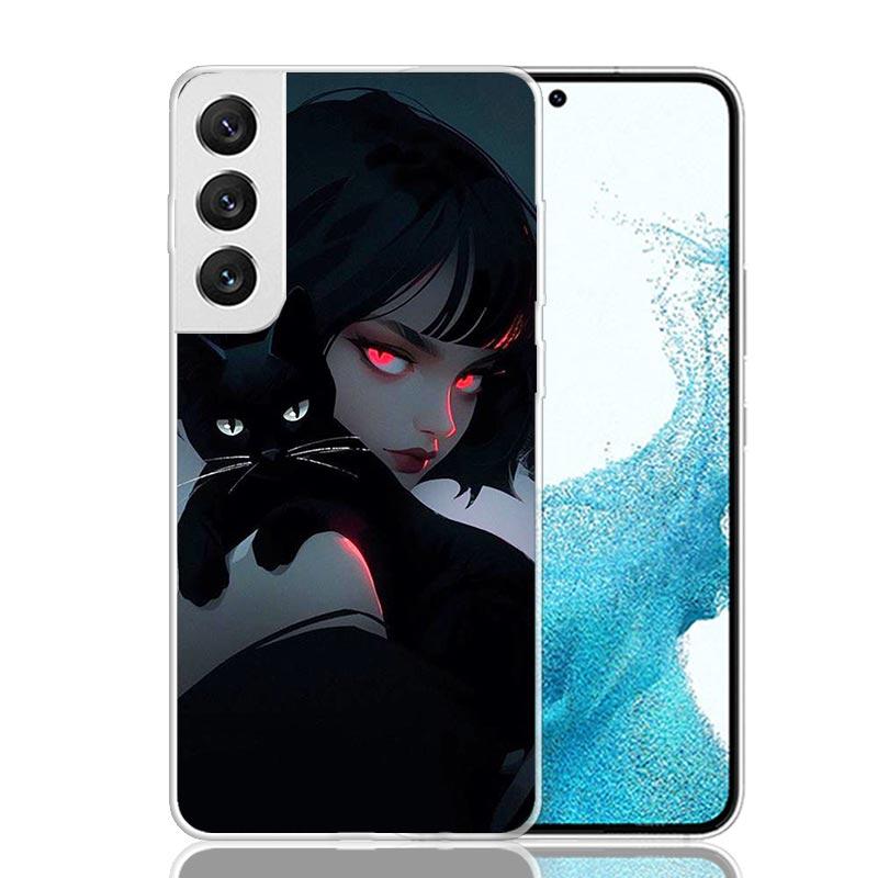 Anime Girls Cute Black Cat Phone Case For Samsung Galaxy S26 Ultra S23 S24 S25 Edge S20 FE S21 S22 Plus Soft Print Shell Cover F